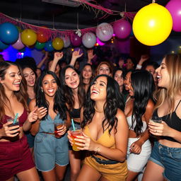 A lively party scene featuring a diverse group of young women enjoying themselves