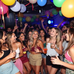 A lively party scene featuring a diverse group of young women enjoying themselves