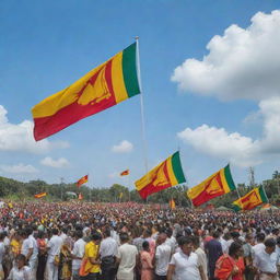 A vibrant scene illustrating Sri Lanka's 76th Independence Day celebration, prominently featuring the Sri Lankan flag fluttering proudly in the breeze.