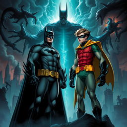 A captivating scene from 'Batman and Robin: Dreamscape Duel', depicting Batman and Robin confronting their nightmares within a surreal dreamscape