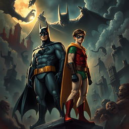 A captivating scene from 'Batman and Robin: Dreamscape Duel', depicting Batman and Robin confronting their nightmares within a surreal dreamscape