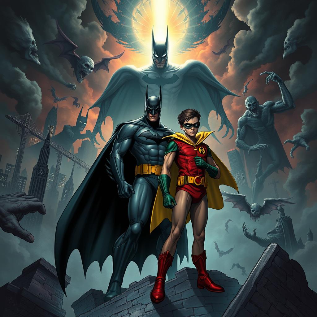 A captivating scene from 'Batman and Robin: Dreamscape Duel', depicting Batman and Robin confronting their nightmares within a surreal dreamscape