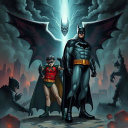 A captivating scene from 'Batman and Robin: Dreamscape Duel', depicting Batman and Robin confronting their nightmares within a surreal dreamscape