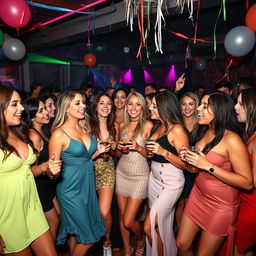 A vibrant party scene featuring a group of attractive, stylish women having a great time together