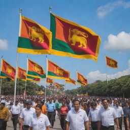 A vibrant scene illustrating Sri Lanka's 76th Independence Day celebration, prominently featuring the Sri Lankan flag fluttering proudly in the breeze.