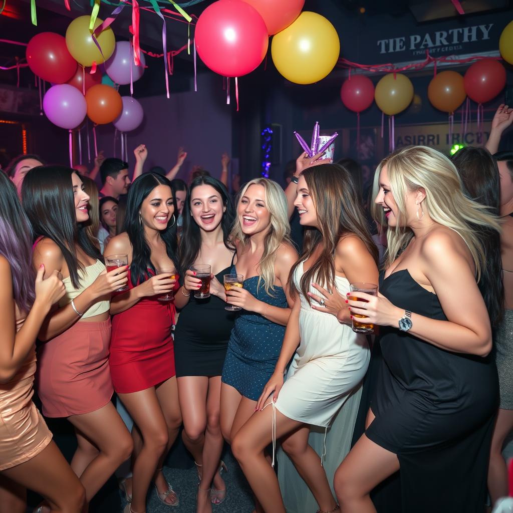 A vibrant party scene featuring a group of attractive, stylish women having a great time together