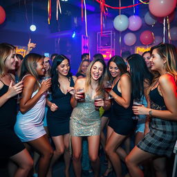 A vibrant party scene featuring a group of attractive, stylish women having a great time together