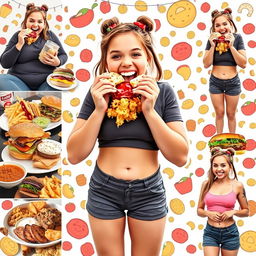 A lively and colorful collage showcasing a girl cheerfully stuffing her face with an array of delicious foods, highlighting her journey of gaining weight as her clothes become increasingly tight