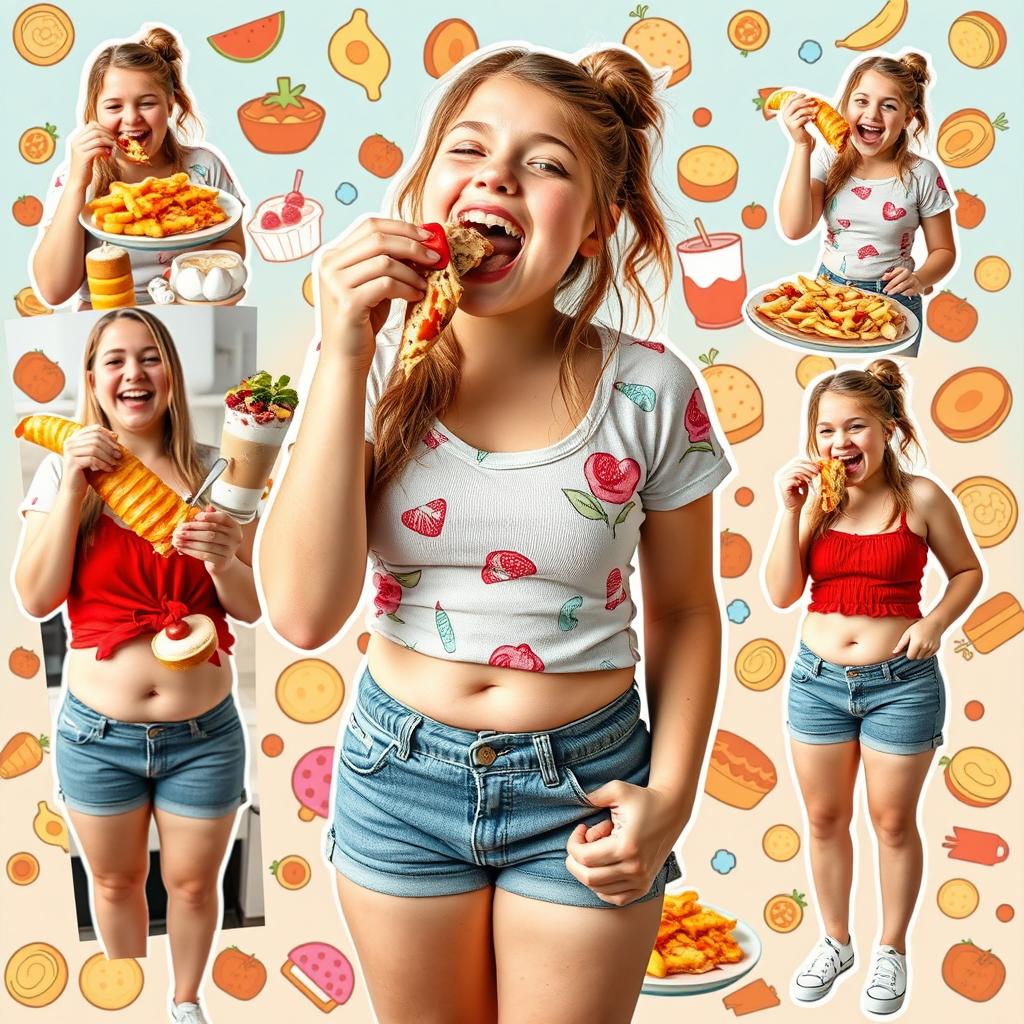 A lively and colorful collage showcasing a girl cheerfully stuffing her face with an array of delicious foods, highlighting her journey of gaining weight as her clothes become increasingly tight