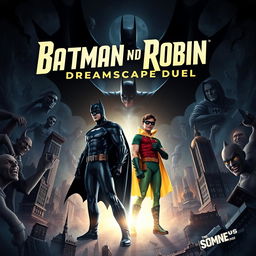 A powerful and immersive scene from 'Batman and Robin: Dreamscape Duel', showcasing Batman and Robin as they navigate a surreal dreamscape filled with twisted elements of their past