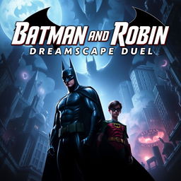 A powerful and immersive scene from 'Batman and Robin: Dreamscape Duel', showcasing Batman and Robin as they navigate a surreal dreamscape filled with twisted elements of their past