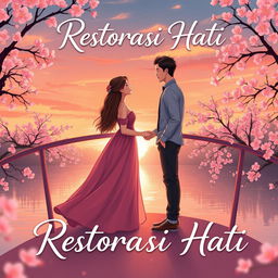 An enchanting cover illustration for a romance novel titled 'Restorasi Hati'