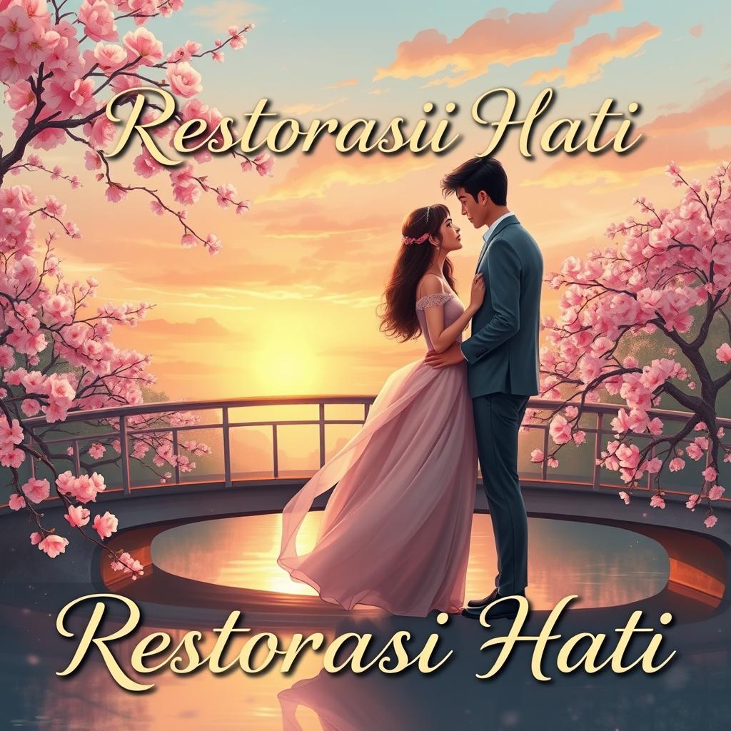 An enchanting cover illustration for a romance novel titled 'Restorasi Hati'