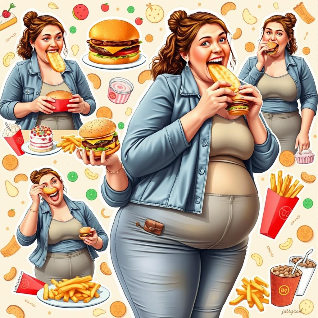 A lively and colorful collage featuring a woman delightfully stuffing her face with a variety of tempting foods, showcasing a playful journey of gaining weight