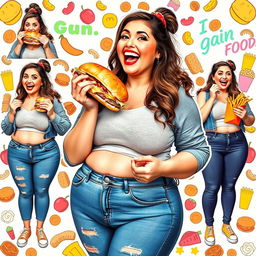 A lively and colorful collage featuring a woman delightfully stuffing her face with a variety of tempting foods, showcasing a playful journey of gaining weight