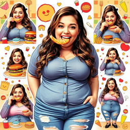 A lively and colorful collage featuring a woman delightfully stuffing her face with a variety of tempting foods, showcasing a playful journey of gaining weight