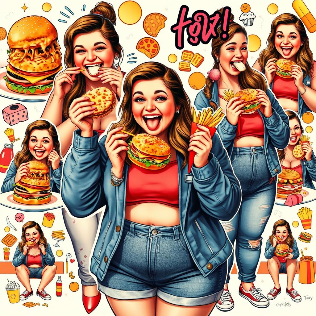 A lively and colorful collage featuring a woman delightfully stuffing her face with a variety of tempting foods, showcasing a playful journey of gaining weight