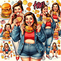 A lively and colorful collage featuring a woman delightfully stuffing her face with a variety of tempting foods, showcasing a playful journey of gaining weight