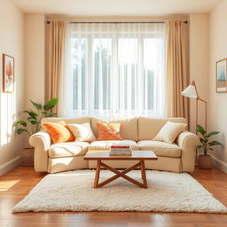 A cozy and inviting room background featuring soft beige walls, a large window with sheer curtains allowing natural light to pour in, a plush beige sofa adorned with colorful cushions, a wooden coffee table in the center with a few books stacked on it, a stylish floor lamp beside the sofa, and an indoor plant in the corner for a touch of greenery