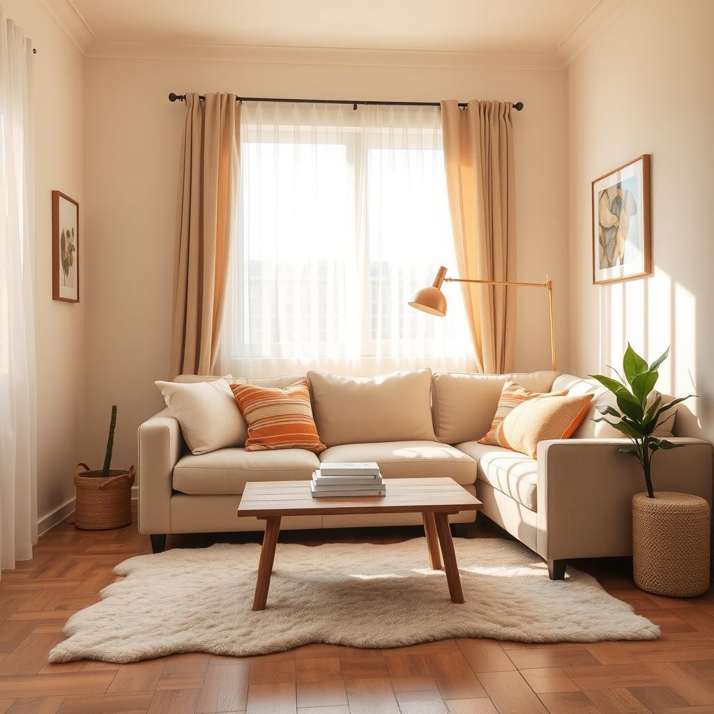 A cozy and inviting room background featuring soft beige walls, a large window with sheer curtains allowing natural light to pour in, a plush beige sofa adorned with colorful cushions, a wooden coffee table in the center with a few books stacked on it, a stylish floor lamp beside the sofa, and an indoor plant in the corner for a touch of greenery