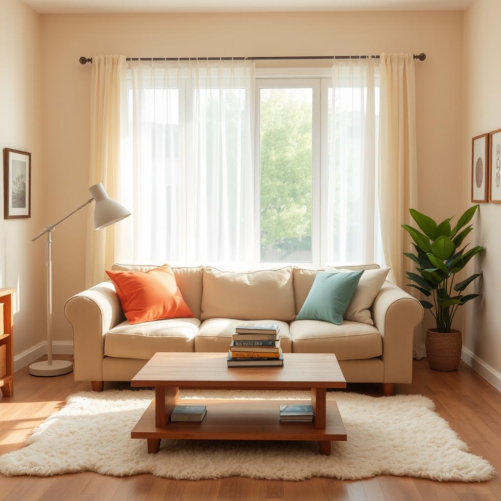 A cozy and inviting room background featuring soft beige walls, a large window with sheer curtains allowing natural light to pour in, a plush beige sofa adorned with colorful cushions, a wooden coffee table in the center with a few books stacked on it, a stylish floor lamp beside the sofa, and an indoor plant in the corner for a touch of greenery