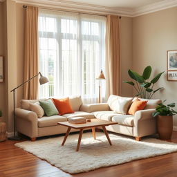 A cozy and inviting room background featuring soft beige walls, a large window with sheer curtains allowing natural light to pour in, a plush beige sofa adorned with colorful cushions, a wooden coffee table in the center with a few books stacked on it, a stylish floor lamp beside the sofa, and an indoor plant in the corner for a touch of greenery