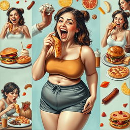 A realistic and vibrant collage featuring a woman exuberantly stuffing her face with a variety of delicious foods, illustrating her journey of gaining weight as her clothing becomes tighter