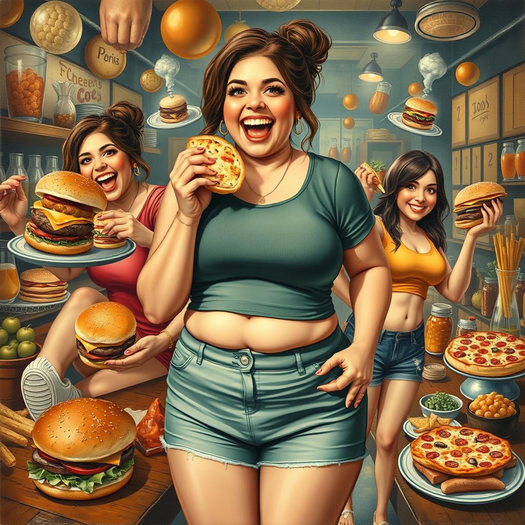 A realistic and vibrant collage featuring a woman exuberantly stuffing her face with a variety of delicious foods, illustrating her journey of gaining weight as her clothing becomes tighter