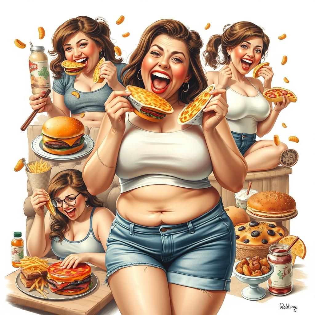 A realistic and vibrant collage featuring a woman exuberantly stuffing her face with a variety of delicious foods, illustrating her journey of gaining weight as her clothing becomes tighter