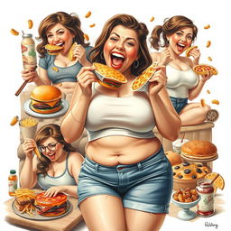 A realistic and vibrant collage featuring a woman exuberantly stuffing her face with a variety of delicious foods, illustrating her journey of gaining weight as her clothing becomes tighter