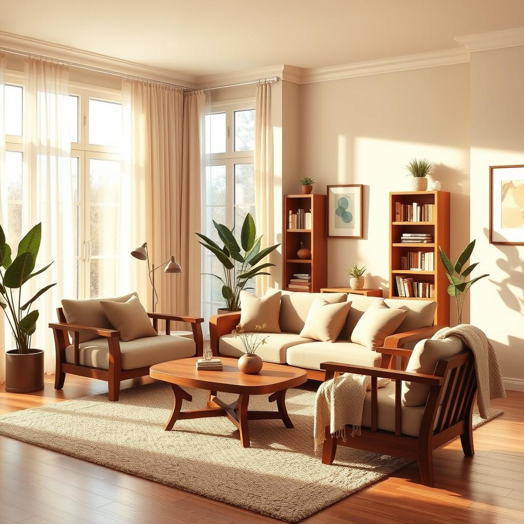 A beautifully designed realistic room interior featuring warm tones and natural light