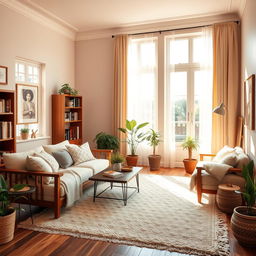 A beautifully designed realistic room interior featuring warm tones and natural light