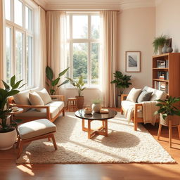 A beautifully designed realistic room interior featuring warm tones and natural light