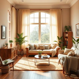 A beautifully designed realistic room interior featuring warm tones and natural light