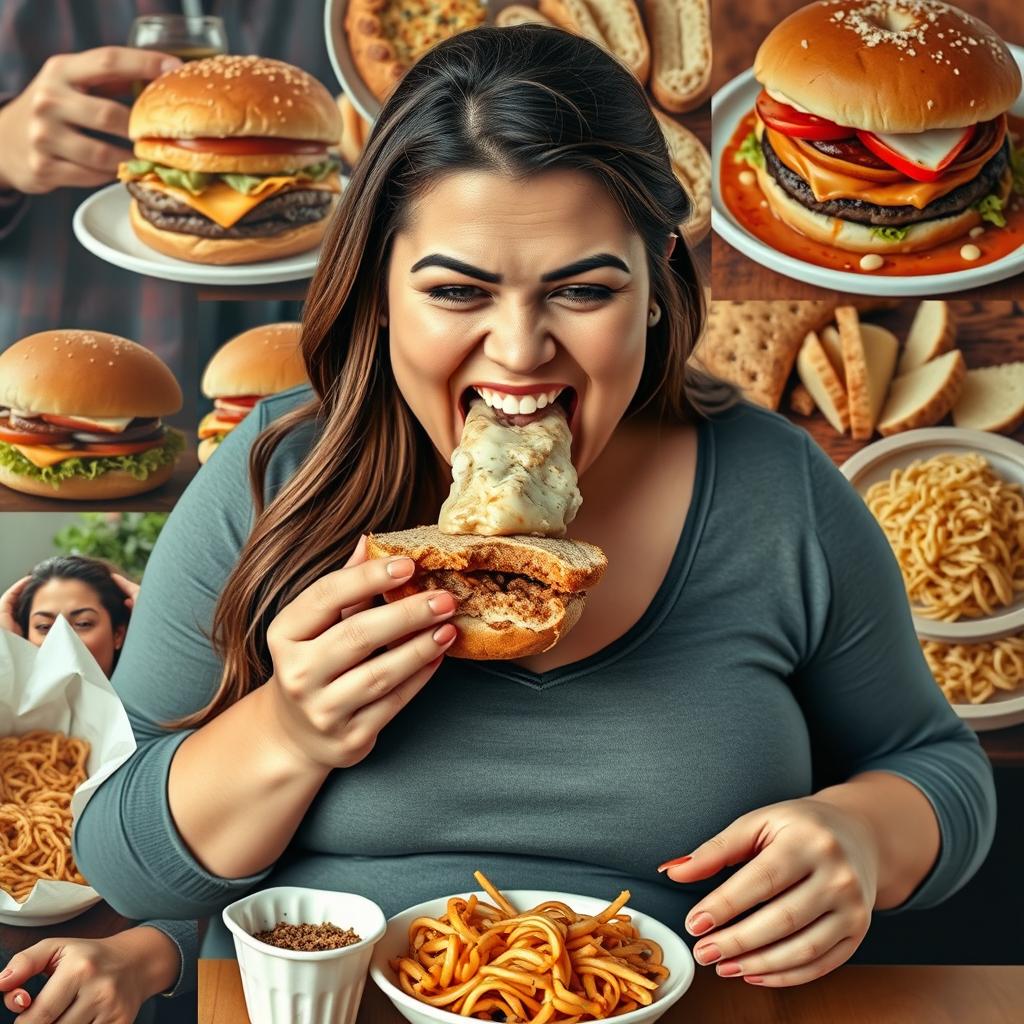 A photorealistic collage featuring a woman exuberantly stuffing her face with a variety of delectable foods, illustrating her journey of gaining weight as her clothing becomes snug