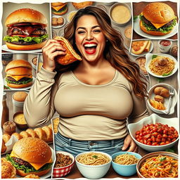 A photorealistic collage featuring a woman exuberantly stuffing her face with a variety of delectable foods, illustrating her journey of gaining weight as her clothing becomes snug