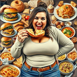 A photorealistic collage featuring a woman exuberantly stuffing her face with a variety of delectable foods, illustrating her journey of gaining weight as her clothing becomes snug