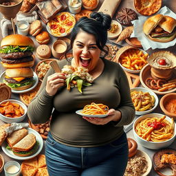 A photorealistic collage featuring a woman exuberantly stuffing her face with a variety of delectable foods, illustrating her journey of gaining weight as her clothing becomes snug