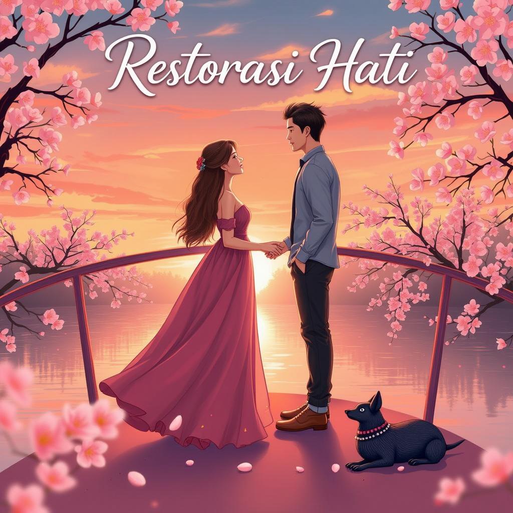 A romantic book cover for a novel titled 'Restorasi Hati'