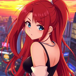 An anime girl with long, flowing red hair that cascades down her back, striking blue eyes that sparkle with energy and mischief