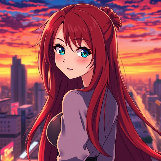 An anime girl with long, flowing red hair that cascades down her back, striking blue eyes that sparkle with energy and mischief