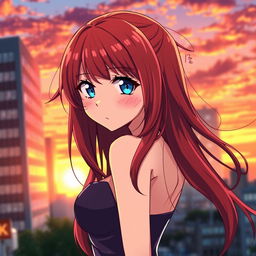 An anime girl with long, flowing red hair that cascades down her back, striking blue eyes that sparkle with energy and mischief