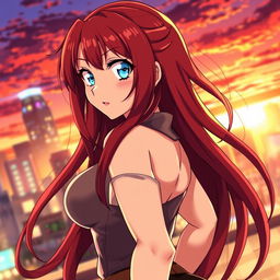 An anime girl with long, flowing red hair that cascades down her back, striking blue eyes that sparkle with energy and mischief