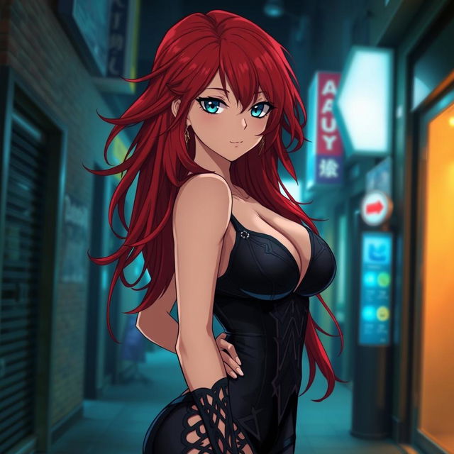 A sexy, curvy anime woman with long, luxurious red hair that flows dramatically