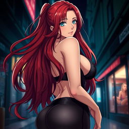 A sexy, curvy anime woman with long, luxurious red hair that flows dramatically