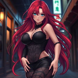 A sexy, curvy anime woman with long, luxurious red hair that flows dramatically