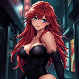 A sexy, curvy anime woman with long, luxurious red hair that flows dramatically