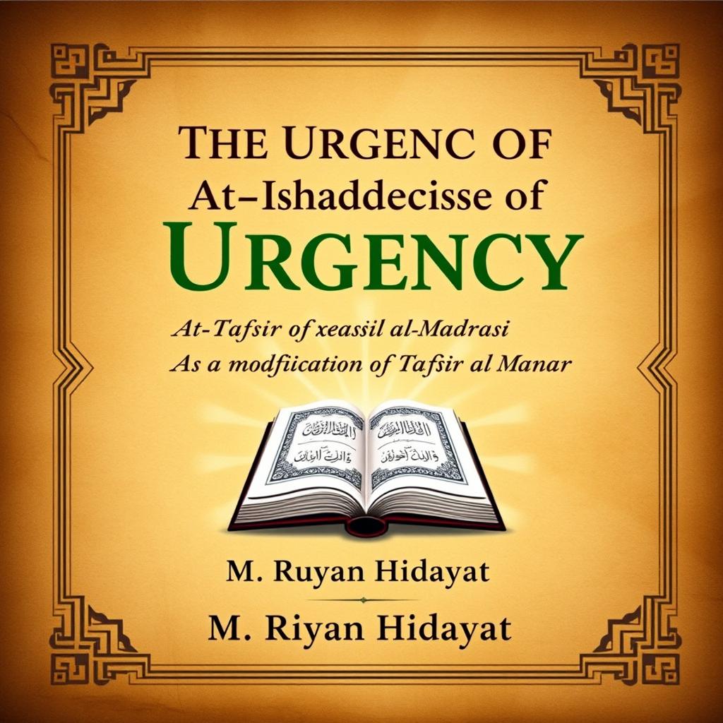 An elegant book cover for 'The Urgency of At-Tafsir al-Madrasi as a Modification of Tafsir al-Manar' by M