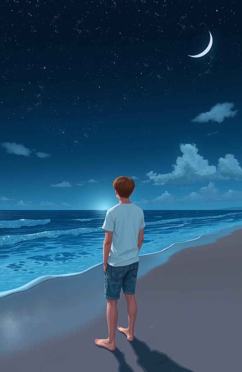 A teenage boy standing at the edge of a beach, gazing at the stars in a clear night sky