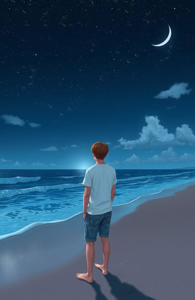 A teenage boy standing at the edge of a beach, gazing at the stars in a clear night sky